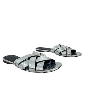 Tory Burch Womens Size 9 City Slides Metallic Silver Leather Sandals